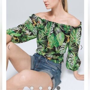 White House Black Market WHBM Small Green Tropical Off Shoulder Top
